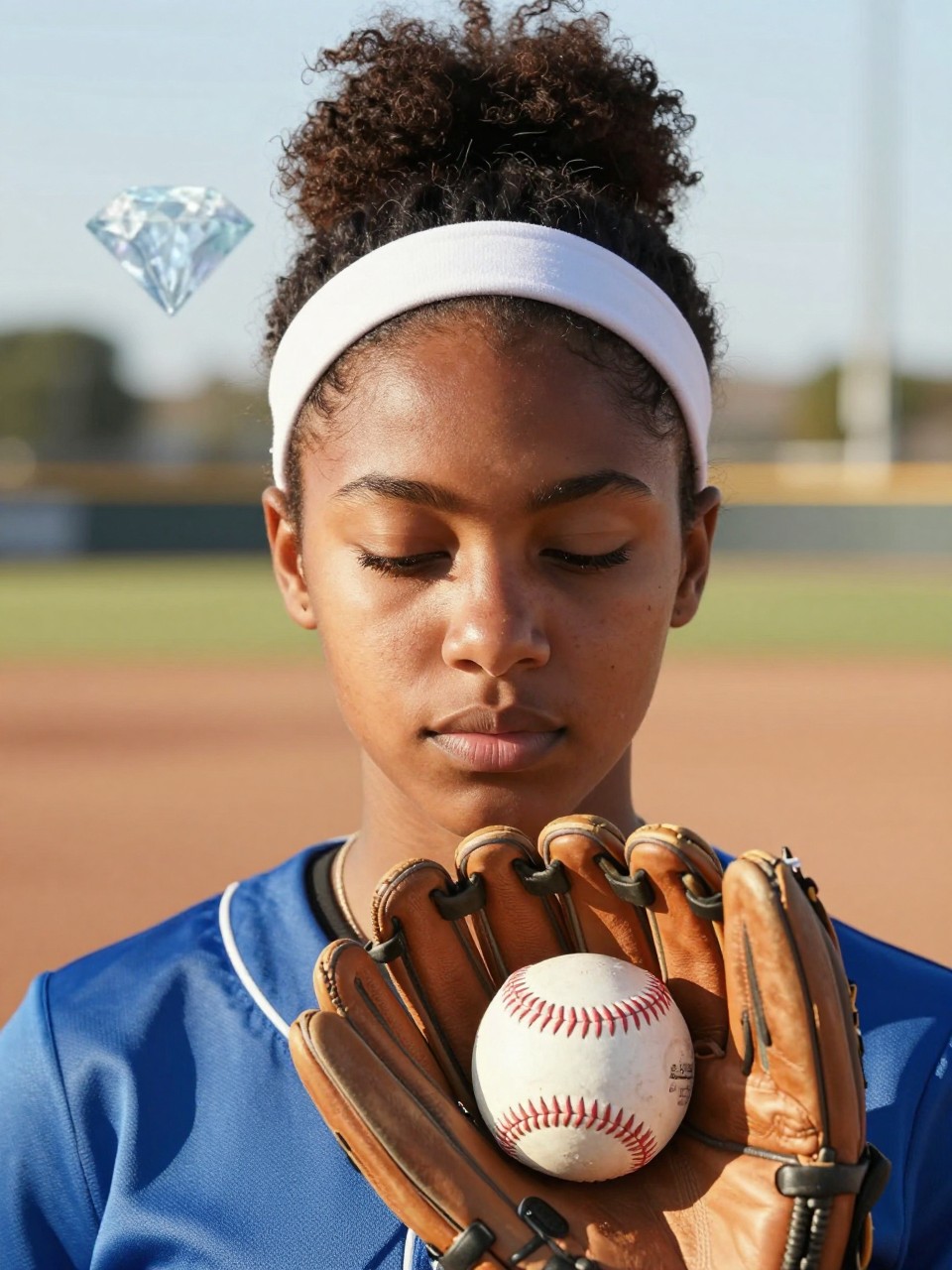 Photo of a black girl wearing a headband on a softball field, front view showing the headband placement, in afternoon light with a diamond in the background, containing a softball in her glove, iPhone photo quality.