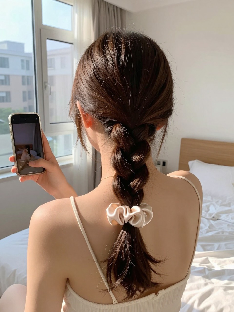 Photo of a woman wearing a bubble ponytail, back-of-head view showing the bubble braid ponytail down the length, setting is a sun-drenched bedroom with natural window light, containing a silk scrunchie on her wrist, iPhone photo quality.