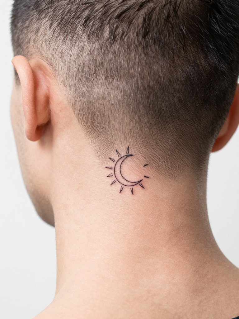  "Extreme close-up of a fine line sun and crescent moon tattoo at the nape of a neck. Hair is shaved or tightly pulled up, revealing the delicate design centered on the spine. Clean, bright studio lighting."