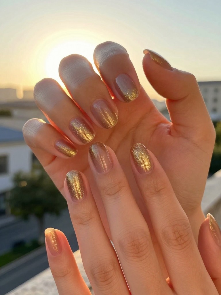  Close-up of hands at golden hour, backlit by the sun. The natural, oval nails have a concentrated fade of gold glitter at the tips that sparkles and glows in the warm, low light.