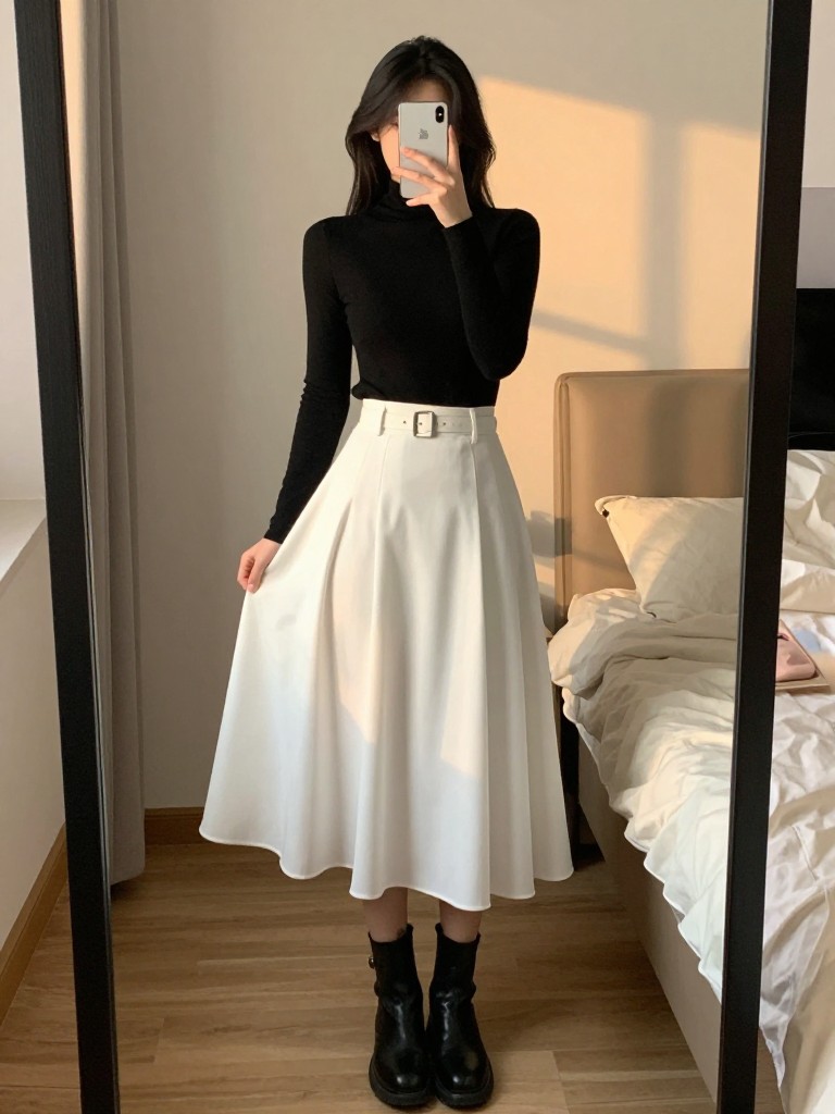 iPhone mirror selfie of a woman in a black turtleneck tucked into a flowy white midi skirt with a belt and black boots, standing with weight on back foot, in a feminine-themed bedroom, evening golden hour, iPhone photo quality.