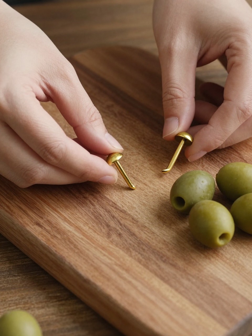  Top-down view of hands on a rustic olive wood cutting board, a few green olives beside them. The nails are a short, rounded shape in matte olive green. A slender, curved gold line extends from the base of each nail. Warm light highlights the gold.