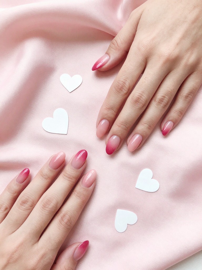 Overhead shot of hands laid gently on a soft, blush pink silk scarf. The nails are a medium almond shape with a smooth airbrushed ombré from crimson to pale pink. Several small, flat matte white hearts are placed seemingly at random, some higher, some lower, within the fade. Diffused light enhances the watercolor effect. The mood is dreamy and romantic.