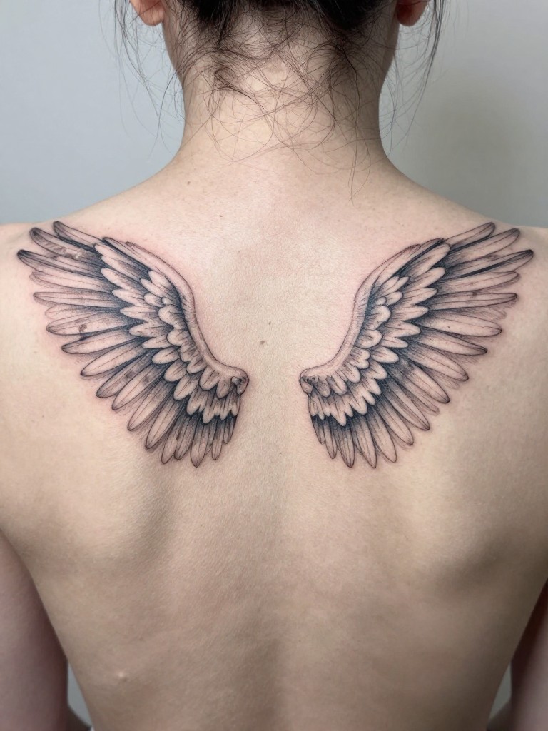 "Direct back-of-neck close-up of two symmetrical, wispy line-art wings tattoo spreading at the back of the neck. The design is airy and faint, as if sketched with a single breath."