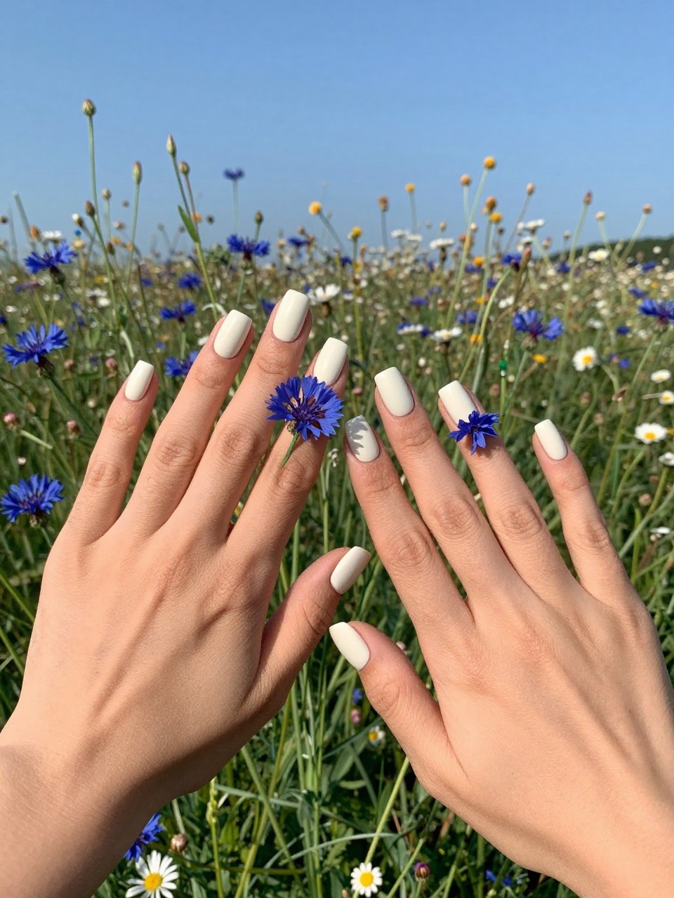 Bird's-eye view of hands lying in a field of wildflowers, blue sky above. The nails are a matte, creamy white. A simple blue cornflower with a green stem is painted on each ring finger. The sunlight is bright and dappled.