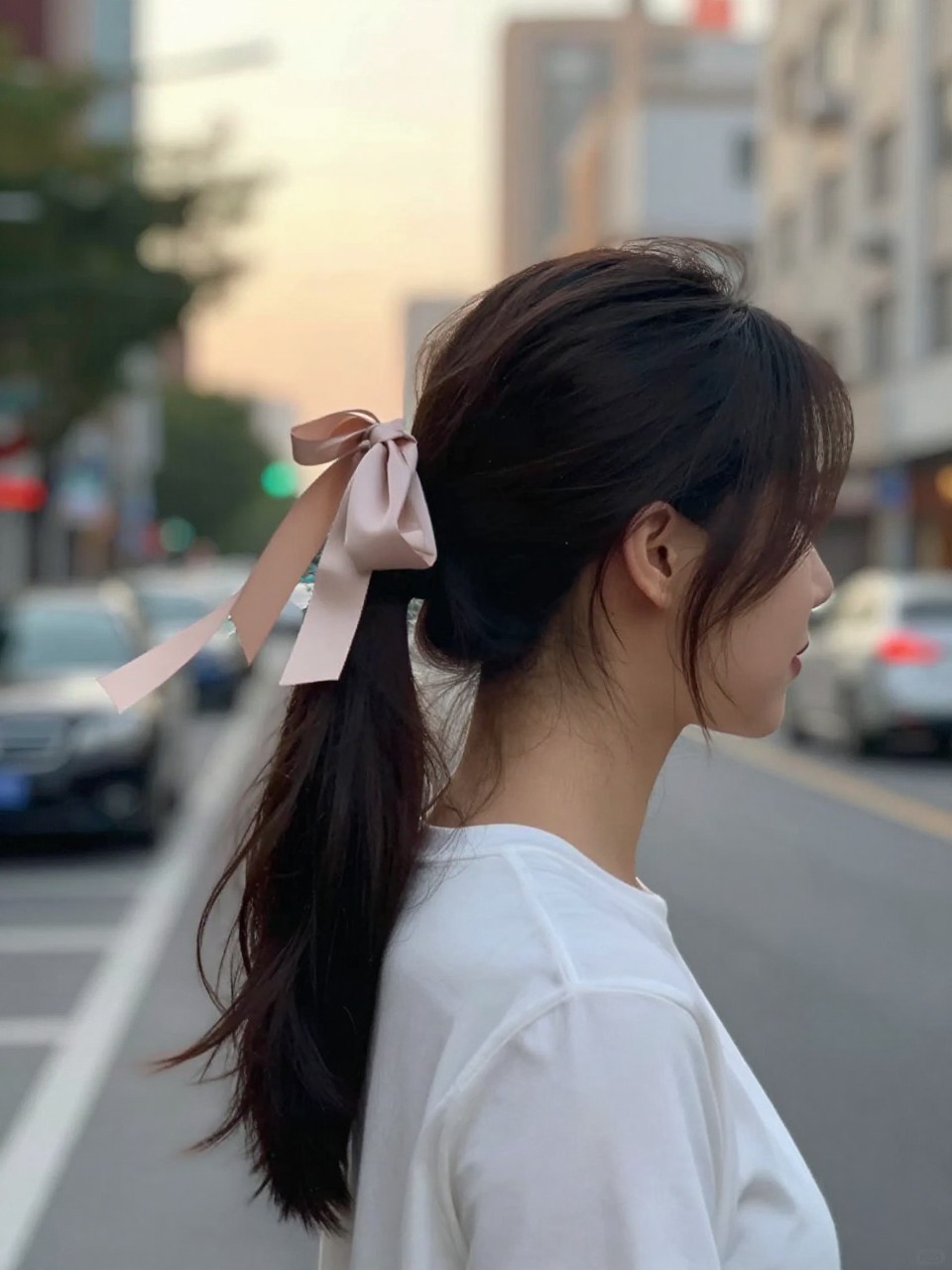 Photo of a woman wearing a high ponytail with a ribbon, side profile view showing the ribbon bow, setting is a blurred city street background in late afternoon, containing the ribbon ends gently blowing in the breeze, iPhone photo quality.