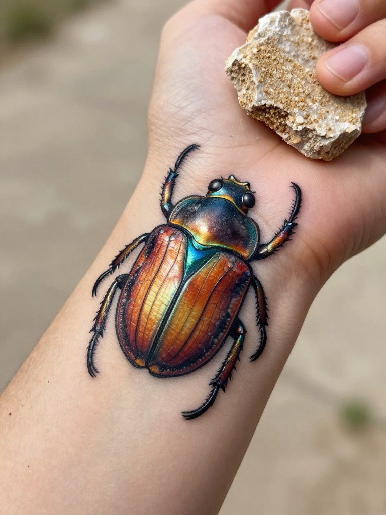  "Extreme close-up of a detailed scarab beetle tattoo on the wrist, with intricate wing and shell patterns. Rendered in rich, jewel-toned colors. The hand is holding a piece of rough, sun-warmed sandstone."