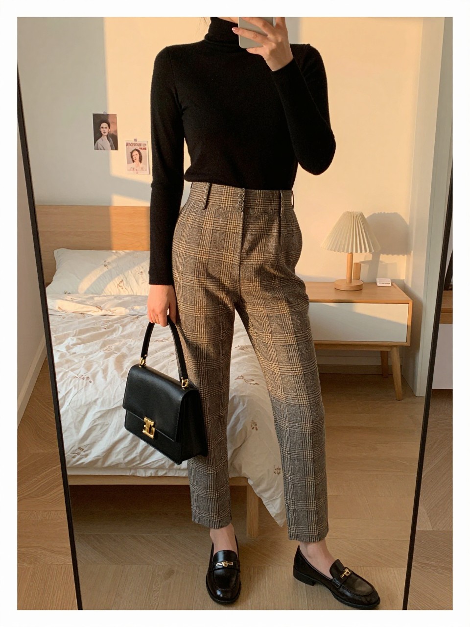 iPhone mirror selfie of a woman wearing the black turtleneck tucked into plaid trousers with loafers and a top-handle bag, posed with her hand on her hip, cropped at NECK so face doesn't show, in a feminine-themed bedroom, evening golden hour, iPhone photo quality.