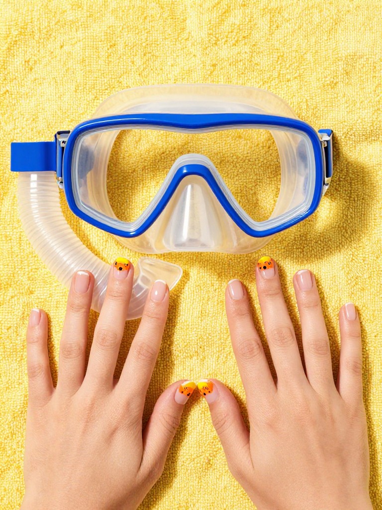  Top-down view of hands looking into a snorkel mask on a bright towel. Nails are natural and glossy. Each thumb nail features a single, tiny, neon orange cartoon fish. The mood is playful and bright.