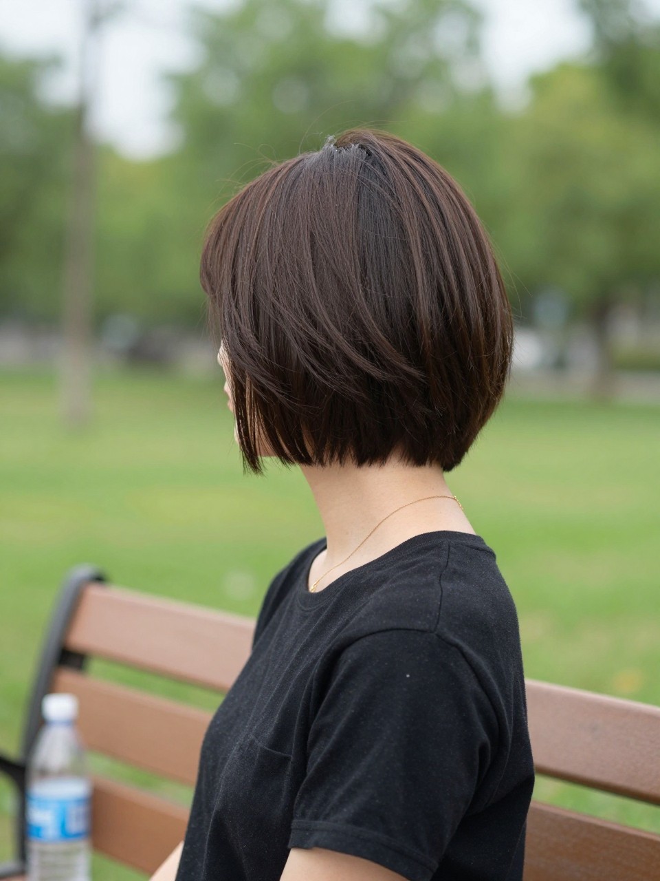 Photo of short choppy bob, angle showing length at the back, in a park with a blurred green background, bright overcast daylight, containing a water bottle resting on a bench, iPhone photo quality.