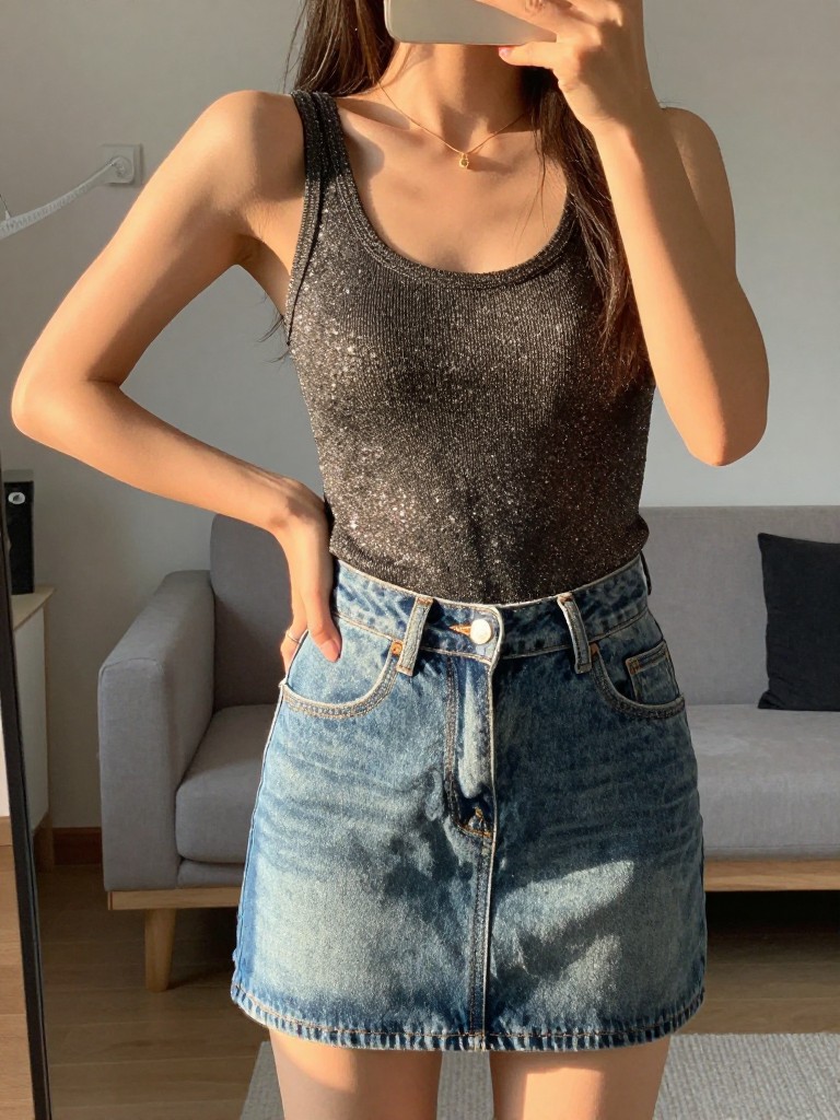 iPhone mirror selfie of a woman in a glitter tank and denim skirt, posing with a hand on hip, cropped at NECK so face doesn't show, in a city apartment, golden hour sunlight, iPhone photo quality.