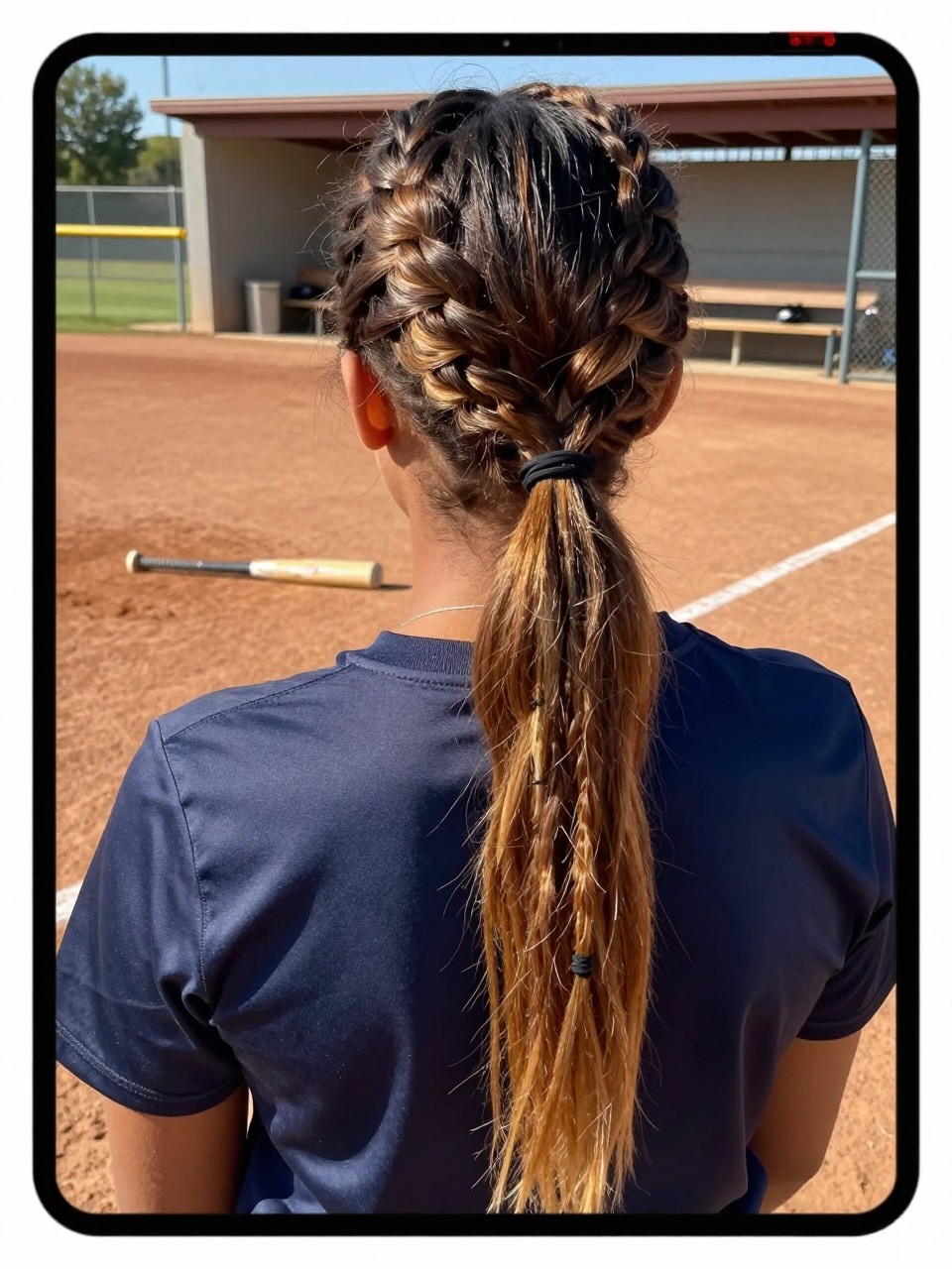Photo of a black girl wearing a French braid ponytail on a softball field, back-of-head view showing the braid blending into the ponytail, in bright afternoon light with a dugout in the background, containing a softball bat on the ground, iPhone photo quality.