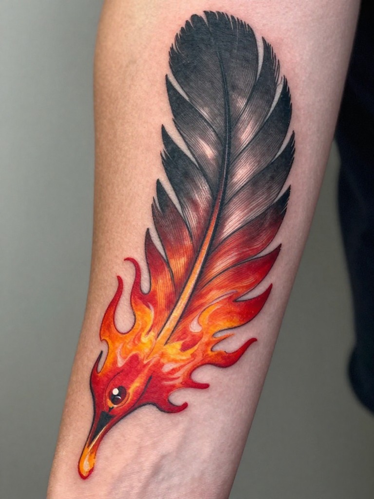  "Macro detail of phoenix wing feather tattoo that fade from shaded black into vibrant red and orange ink washes at the tips, mimicking flame. The color transition is fluid and dramatic."