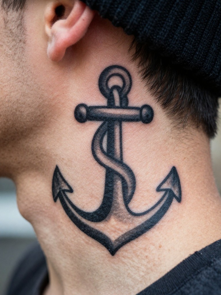 Extreme close-up of a traditional anchor tattoo on the side of the neck. The bold, simple lines are the crisp focal point. He has a beanie on. Slightly gritty, warm lighting that gives it a classic, timeless feel.