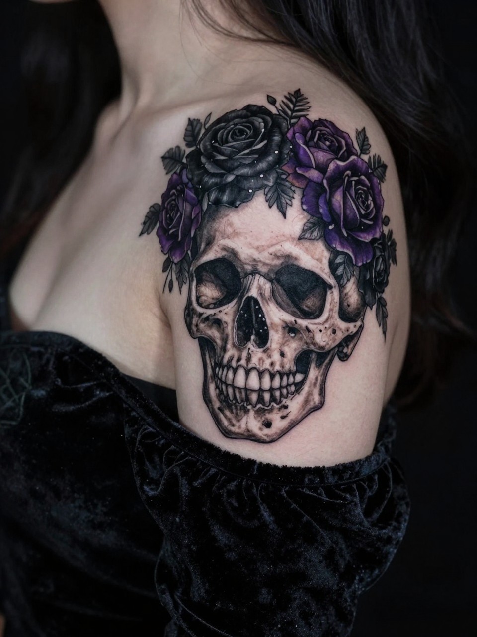 Close-up of a skull with floral crown tattoo on the upper arm. The skull is detailed in black and grey, wearing a crown of black roses and dark purple flowers. She's wearing a velvet off-shoulder top. Moody, dramatic lighting with deep shadows, hauntingly beautiful aesthetic.