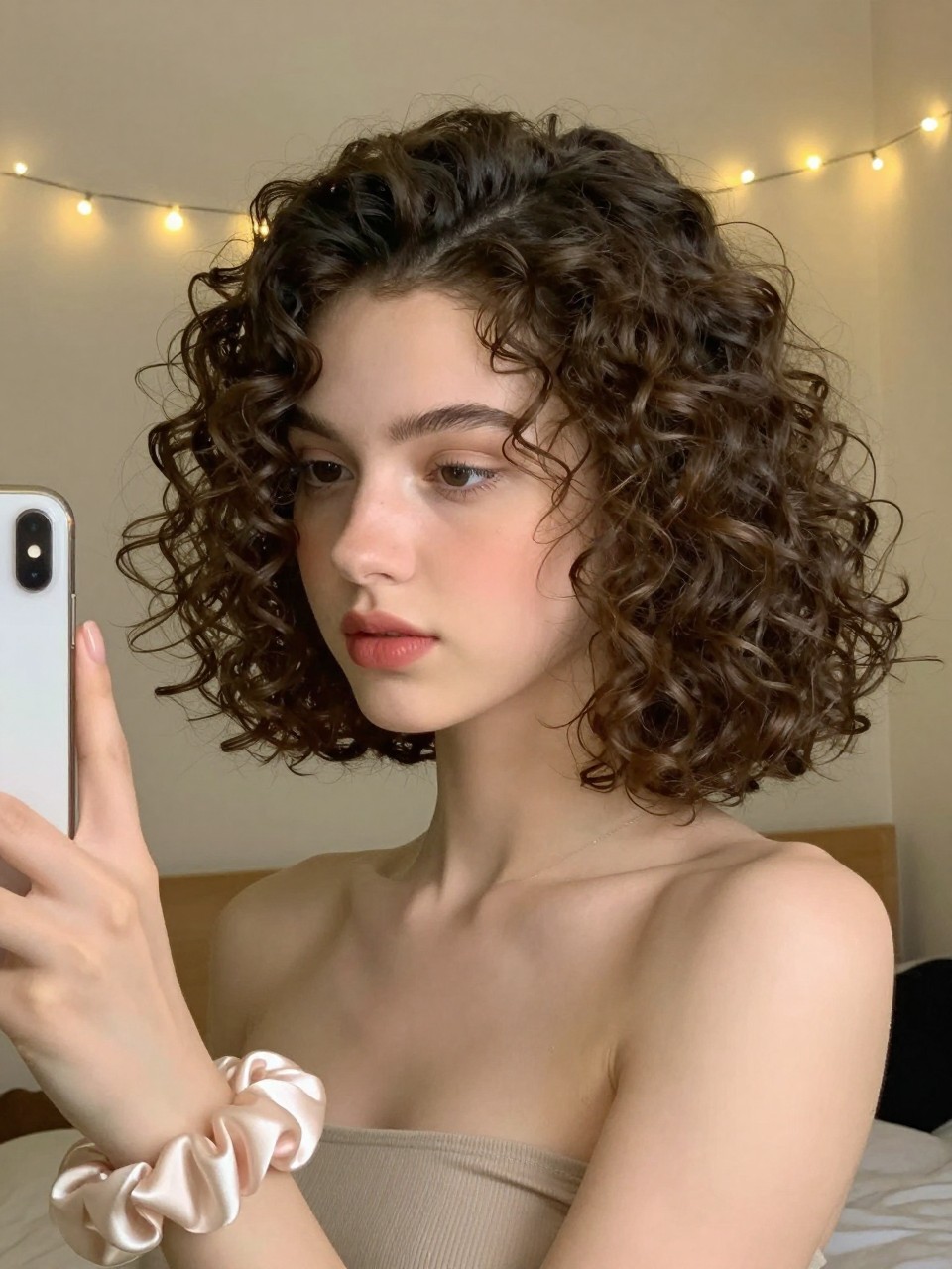 Photo of a teenage white girl wearing a romantic curly bob, angled front view showing the soft curls, setting: a bedroom with fairy lights in the background, lighting: warm, soft artificial light, containing a silk scrunchie on her wrist, iPhone photo quality.