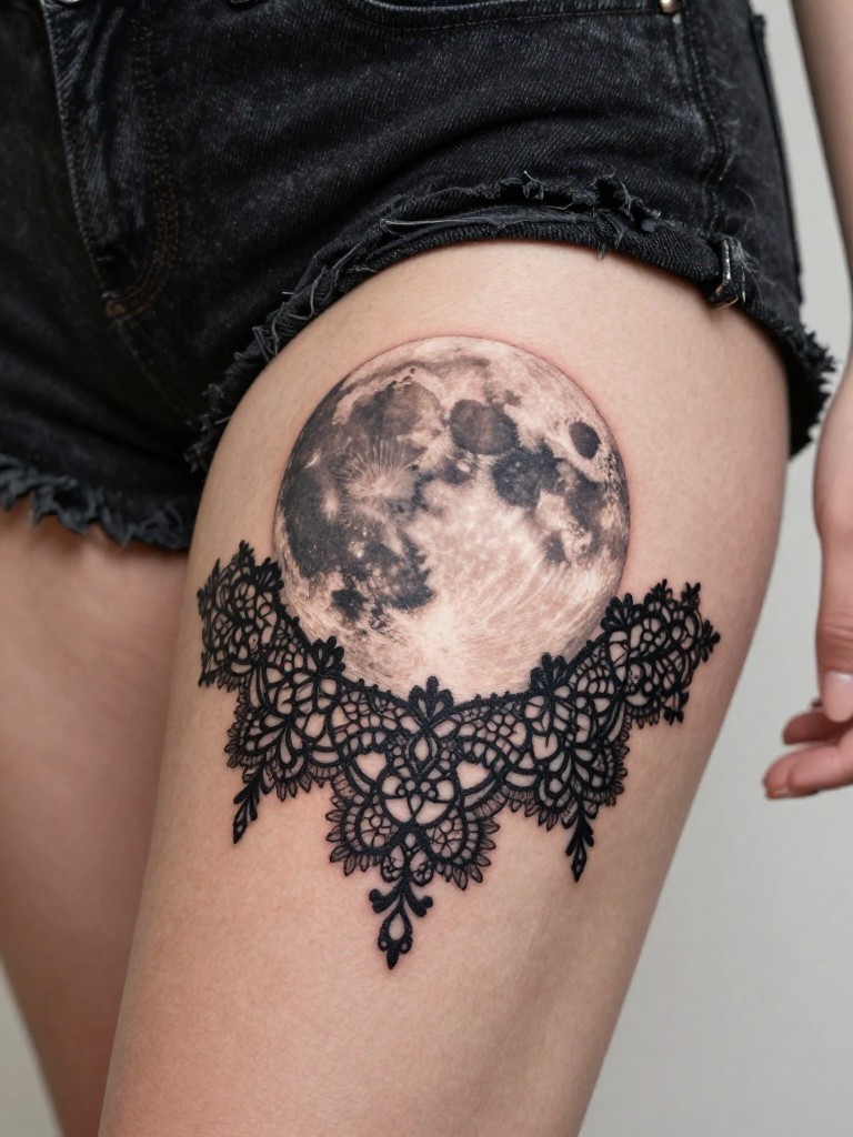 Extreme close-up of a full moon tattoo on a woman's outer thigh, designed entirely of intricate black lace and filigree patterns. She wears black denim shorts. Soft, romantic studio lighting. Detailed and elegant.