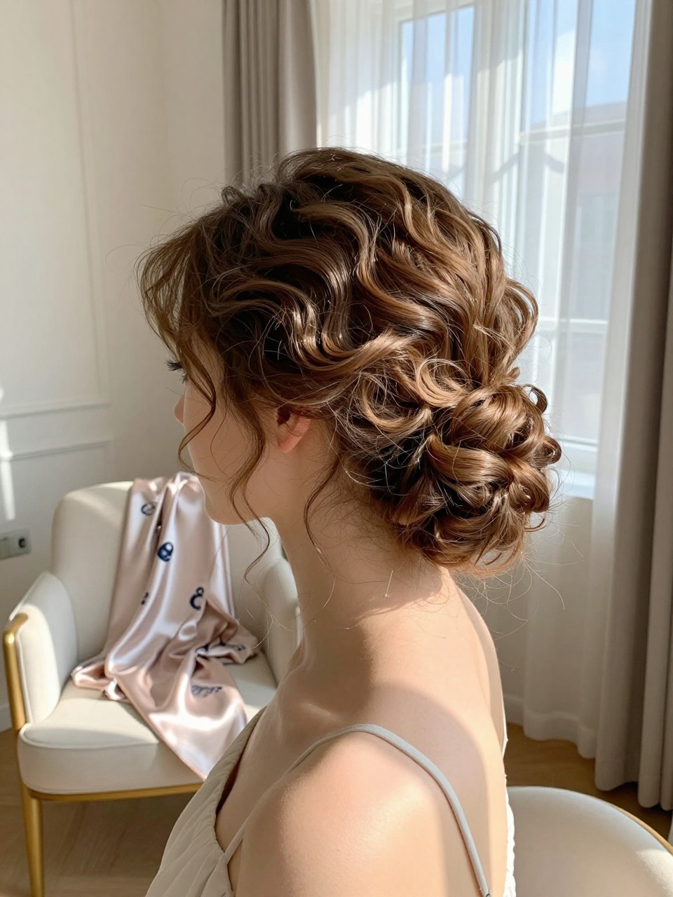 Photo of a white girl wearing a romantic curly chignon, side profile view showing the soft loops at the nape, in a sun-drenched bedroom with natural window light, containing a satin scarf draped over a chair, iPhone photo quality.