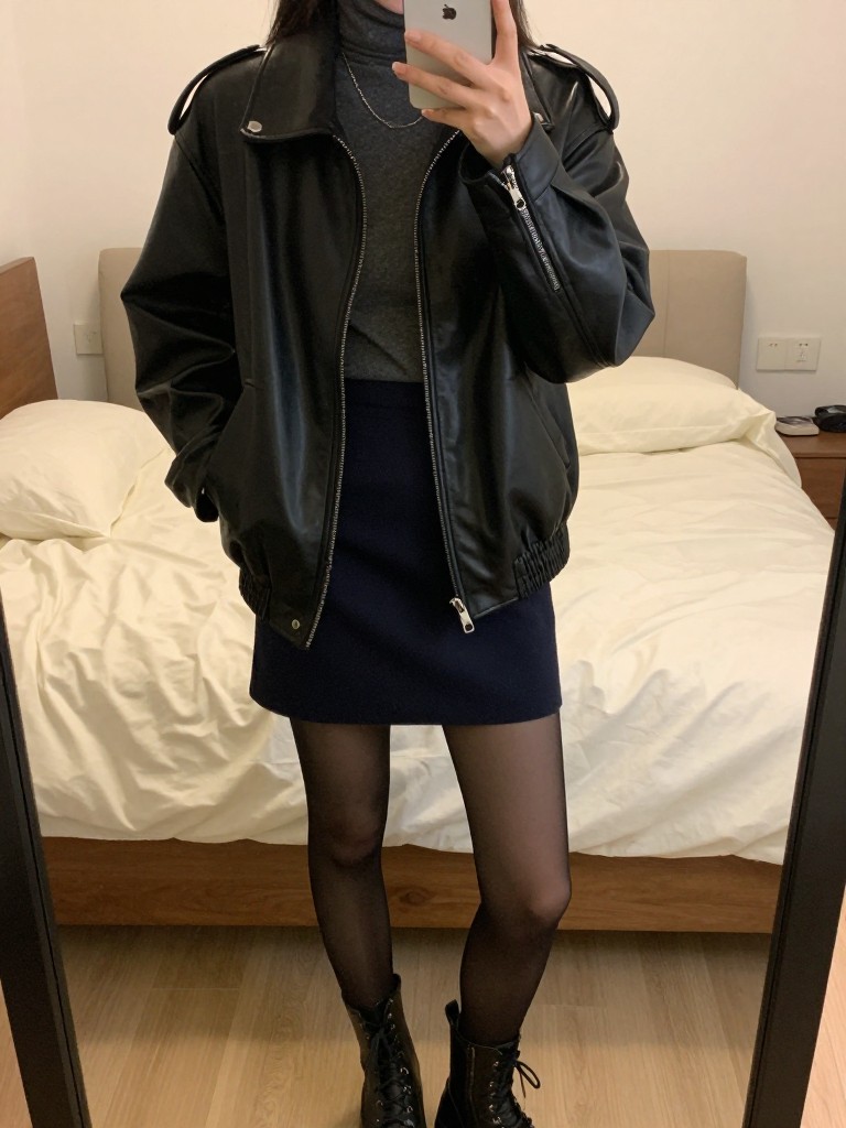 iPhone mirror selfie of a woman in a black leather jacket over a charcoal turtleneck with a navy slip skirt, black tights, and combat boots, posed with one hand in jacket pocket, cropped at NECK so face doesn't show, in a feminine-themed bedroom, warm moody lighting, iPhone photo quality.