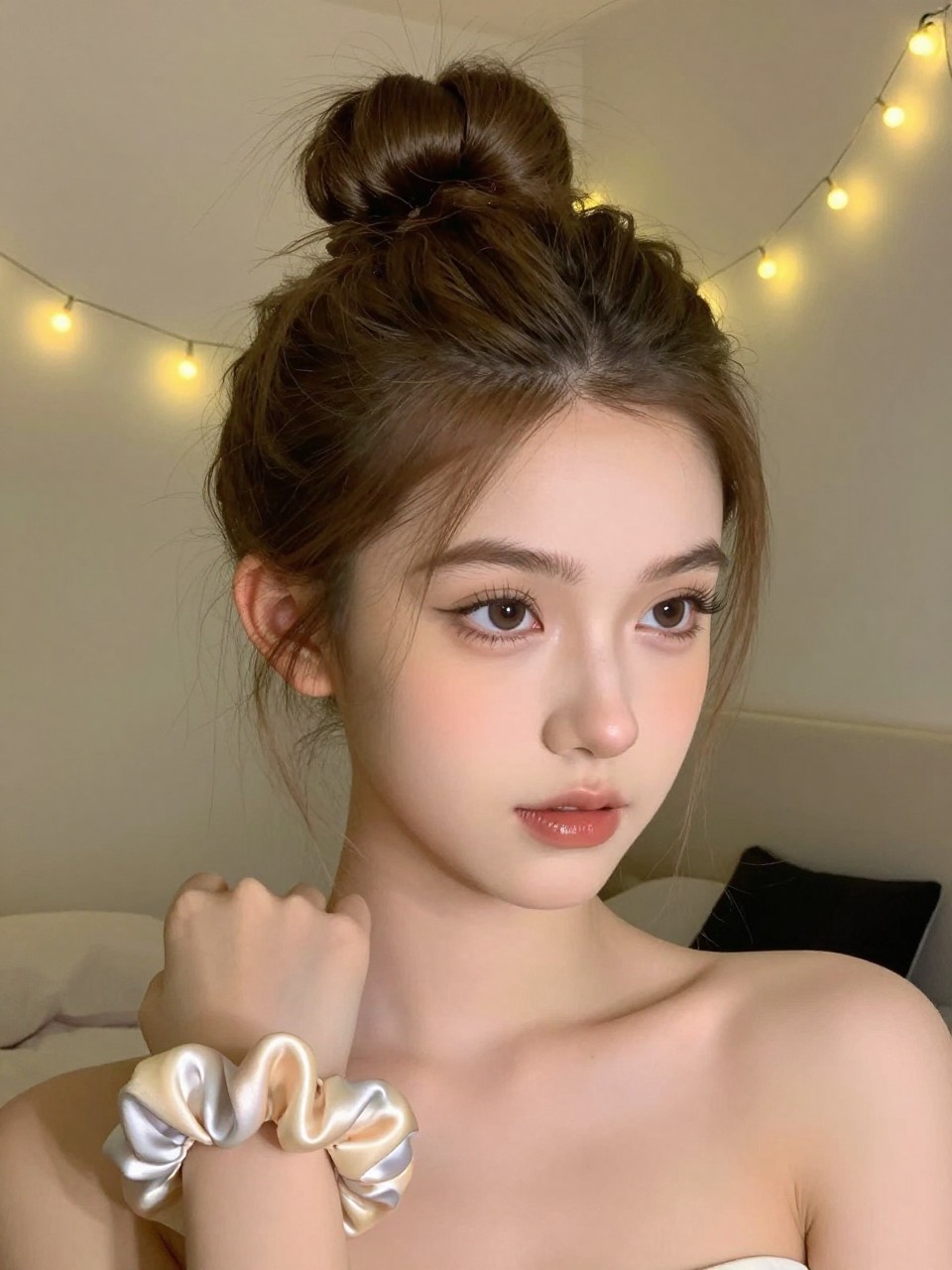Photo of a white teen girl wearing a high textured bun with face-framing pieces, angled front view showing the soft pieces around the face, setting: a bedroom with fairy lights in the background, lighting: warm, soft artificial light, containing a silk scrunchie on her wrist, iPhone photo quality.