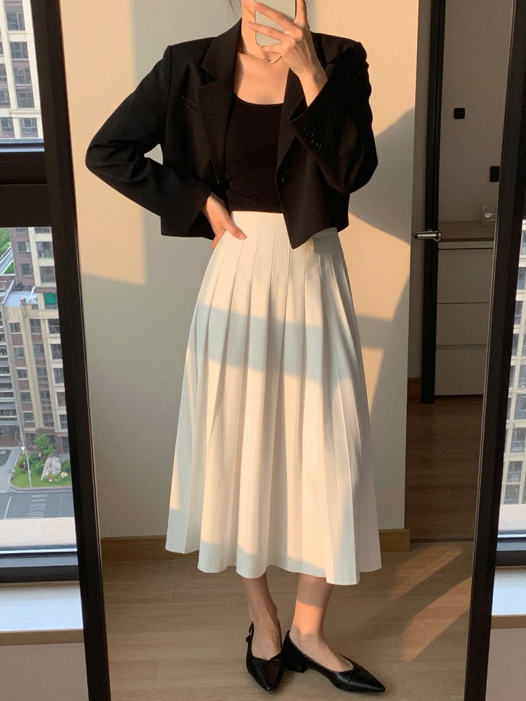 iPhone mirror selfie of a woman in a cropped black blazer over a tank and white pleated skirt with pointed flats, standing with hand on hip, cropped at NECK so face doesn't show, in a city apartment, evening golden hour, iPhone photo quality.