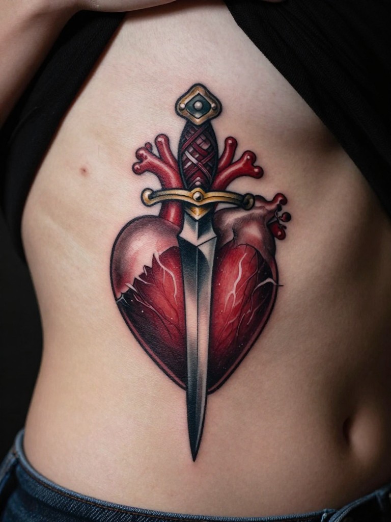 Close-up of a heart pierced by an ornate dagger tattoo on a woman's side of the ribs, the dagger detailed with a decorative handle. Soft, dramatic lighting with deep shadows. Classic and bold.