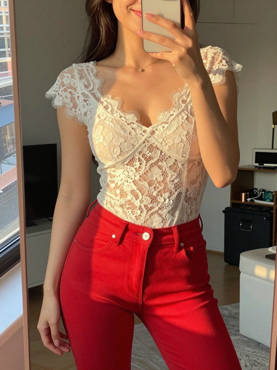 iPhone mirror selfie of a woman in a lace top and red jeans, posing with a smile, cropped at NECK so face doesn't show, in a city apartment, golden hour sunlight, iPhone photo quality.
