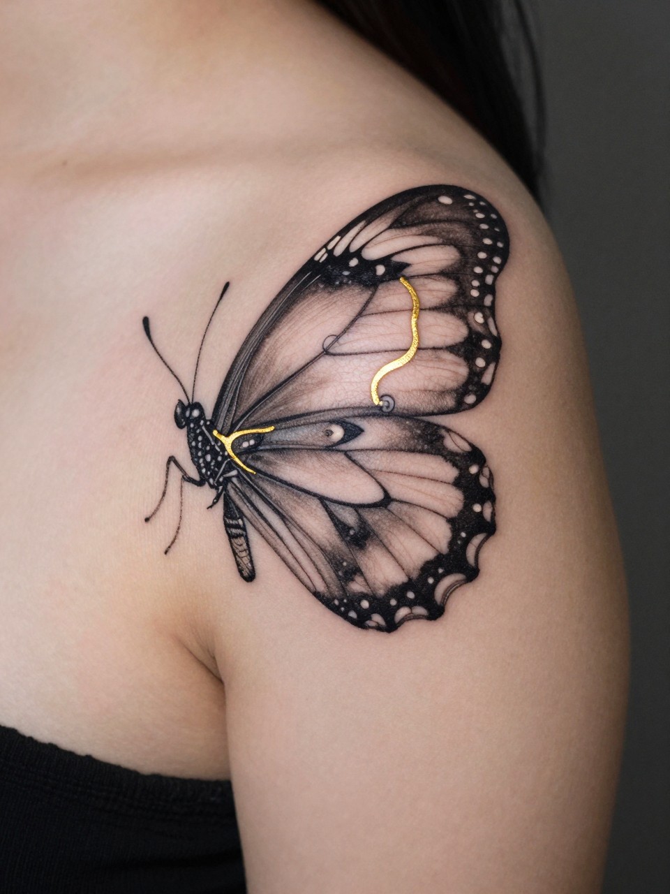 "Close-up of a shoulder blade: a butterfly wing with a fine gold semicolon acting as the repair seam on a crack. Warm, metallic ink against black lines."