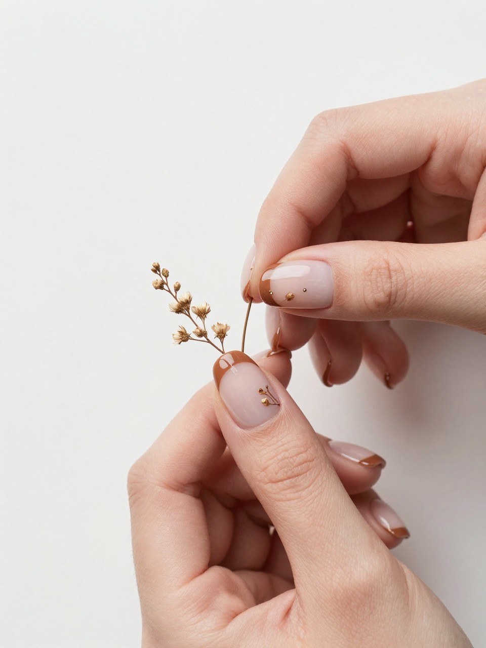 Overhead view of hands assembling a delicate dried floral arrangement. The nails have a sheer base with soft brown French tips. A tiny brown floral vine trails along the curve of each tip. The design is subtle and unified.