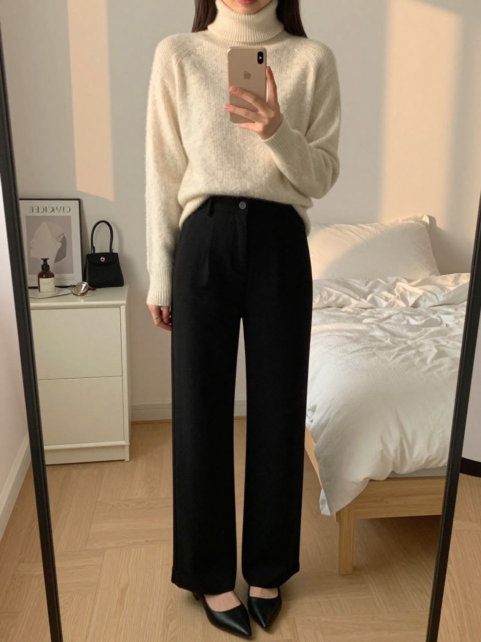 iPhone mirror selfie of a woman in a cream cashmere turtleneck tucked into black wide-leg trousers with pointed flats, standing with one foot slightly forward, phone at waist level, cropped at NECK so face doesn't show, in a feminine-themed bedroom, evening golden hour, iPhone photo quality.
