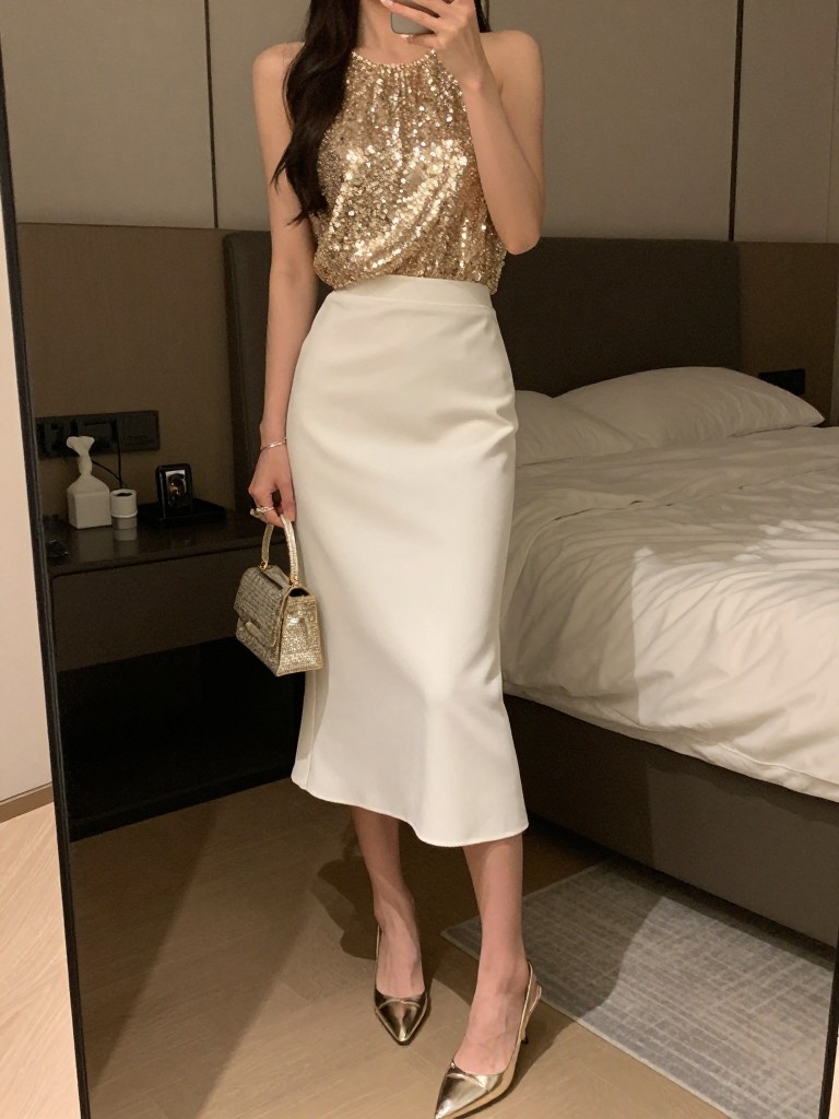 Picture of a woman in a gold sequin top and white crepe midi skirt with metallic heels, holding a small evening bag, let the face show, in a feminine-themed bedroom, warm moody lighting, iPhone photo quality.