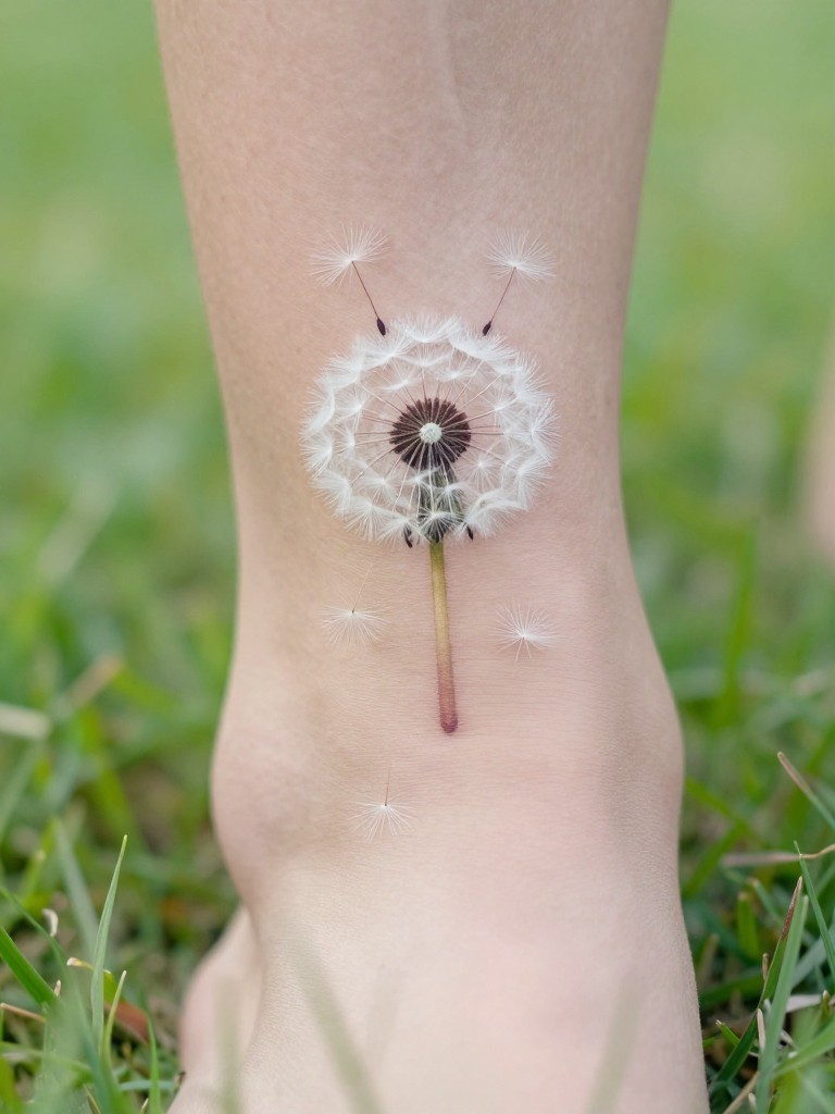 "Macro shot of a dandelion clock tattoo on the ankle, with a few delicate seeds rendered as if floating up the calf. The foot is in soft grass. The seeds are so fine they seem almost real. Airy, light-filled focus."