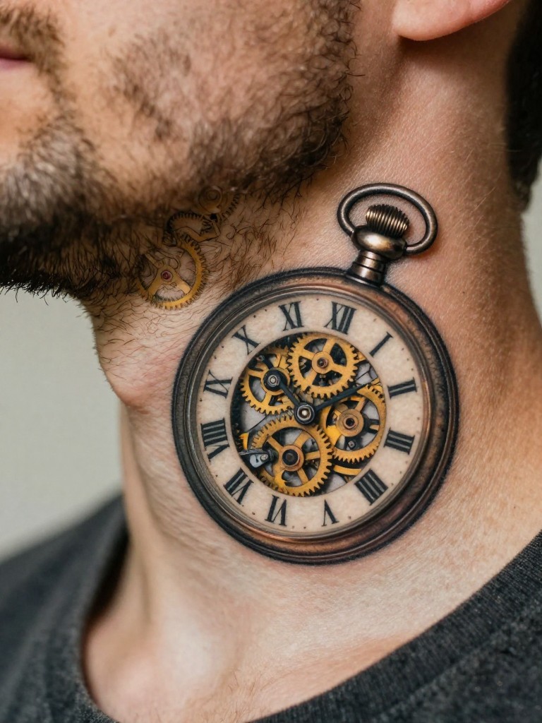 Extreme close-up of a detailed pocket watch tattoo on the side of the neck. The intricate gears and roman numerals are the sharp focus. He has a short beard. Soft, warm, nostalgic lighting that highlights the vintage feel of the tattoo.