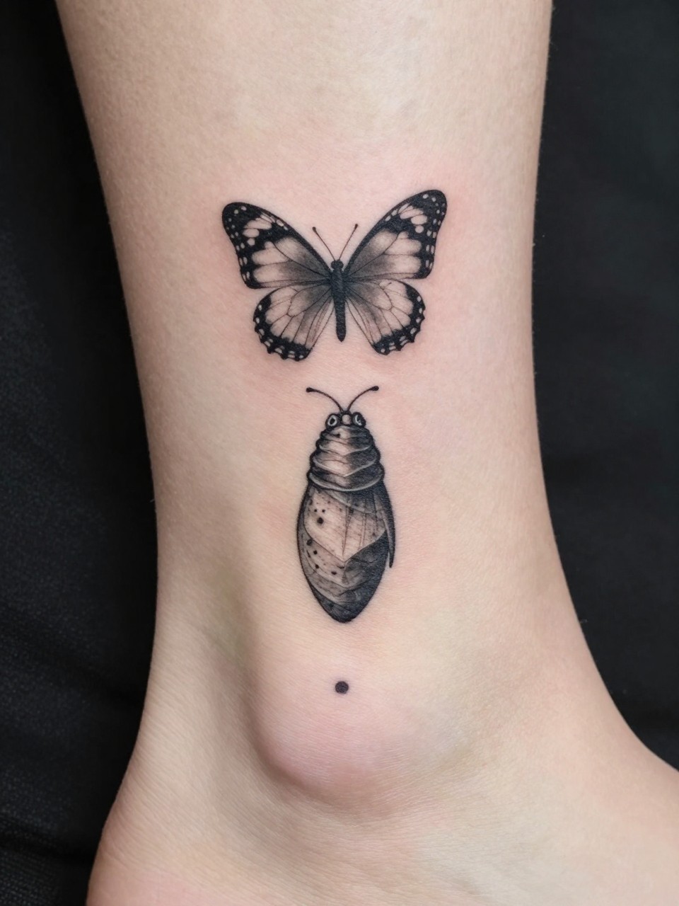 "Detailed view of an ankle tattoo: a vertical semicolon where the dot is a chrysalis, and a small butterfly is emerging from the top. Soft grey wash, symbolic and literal."