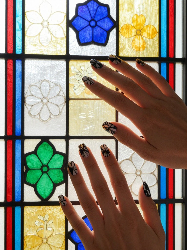 Hands near a colorful stained glass window. The gel nails feature a geometric leaded pattern in black. Each pane is filled with a vibrant color and contains a simple flower outline. The design is bright, graphic, and eye-catching.
