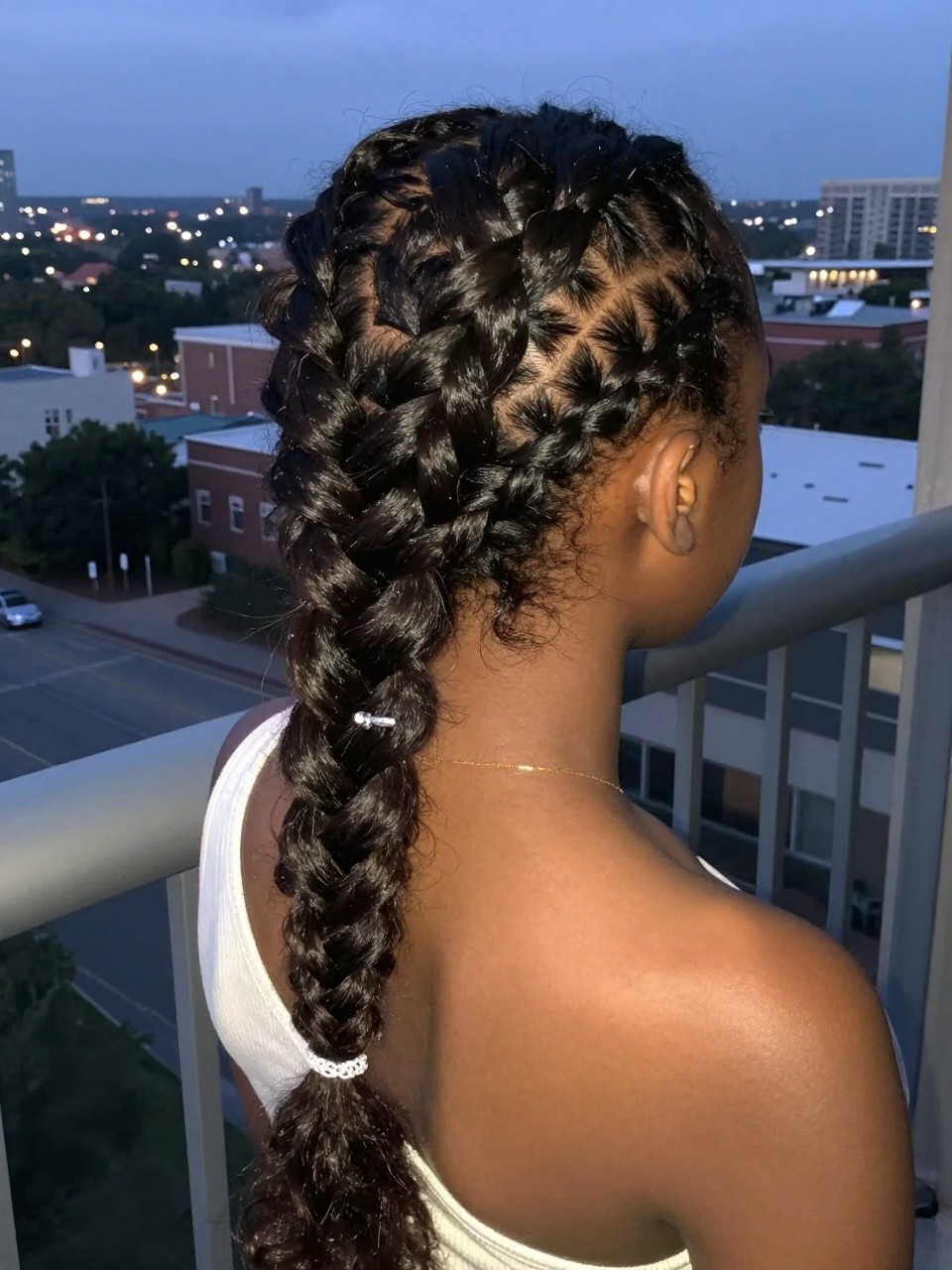Photo of a black teen girl wearing a fishtail braid ponytail, back-of-head view focusing on the intricate braid texture, setting: a balcony overlooking a city skyline at dusk, lighting: evening with soft ambient light, containing a small sparkly barrette clipped near the base, iPhone photo quality.