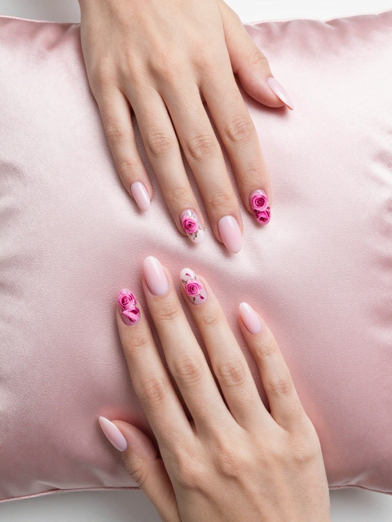  Overhead shot of hands resting on a blush pink satin pillow. The nails have a soft pink-to-white ombré gel base. Lush pink roses are painted, denser at the nail base and sparser toward the tip. The overall effect is dreamy and cohesive.