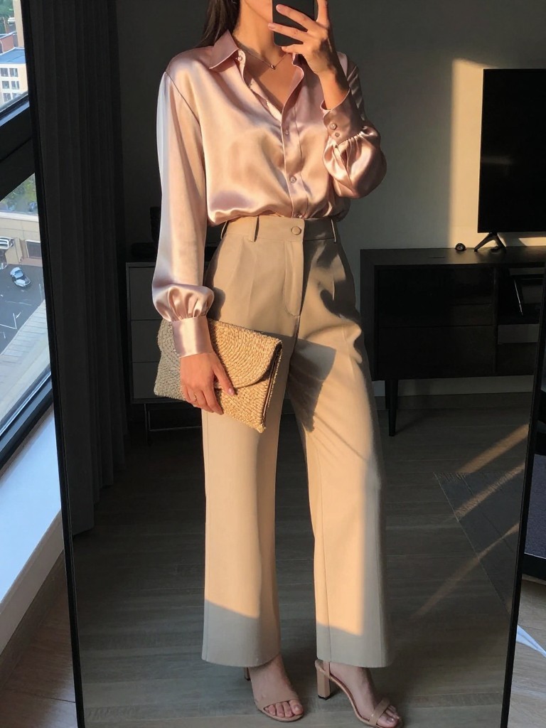 iPhone mirror selfie of a woman in a blush silk blouse tucked into beige wide leg pants with nude heeled sandals, holding a raffia clutch, angled body pose, cropped at NECK so face doesn't show, in a dim city apartment, evening golden hour, iPhone photo quality.