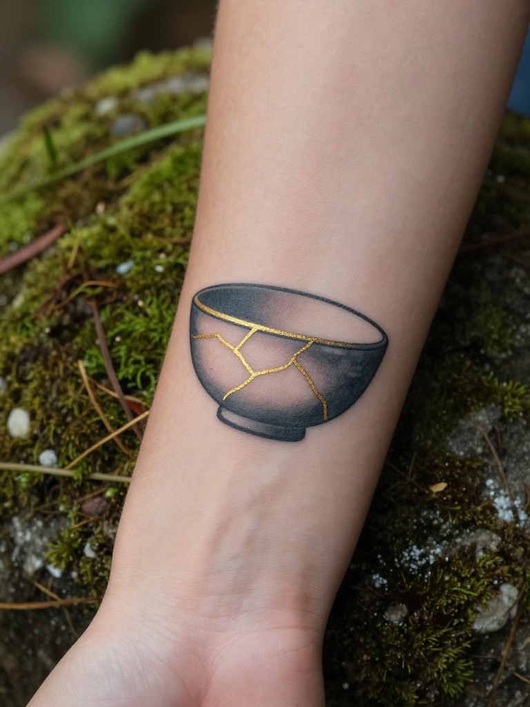 "Close-up of a simple ceramic bowl silhouette tattoo on the forearm, with golden lines tracing cracks across it. The arm rests beside a real, moss-covered stone. The gold ink appears to catch a soft, warm light."