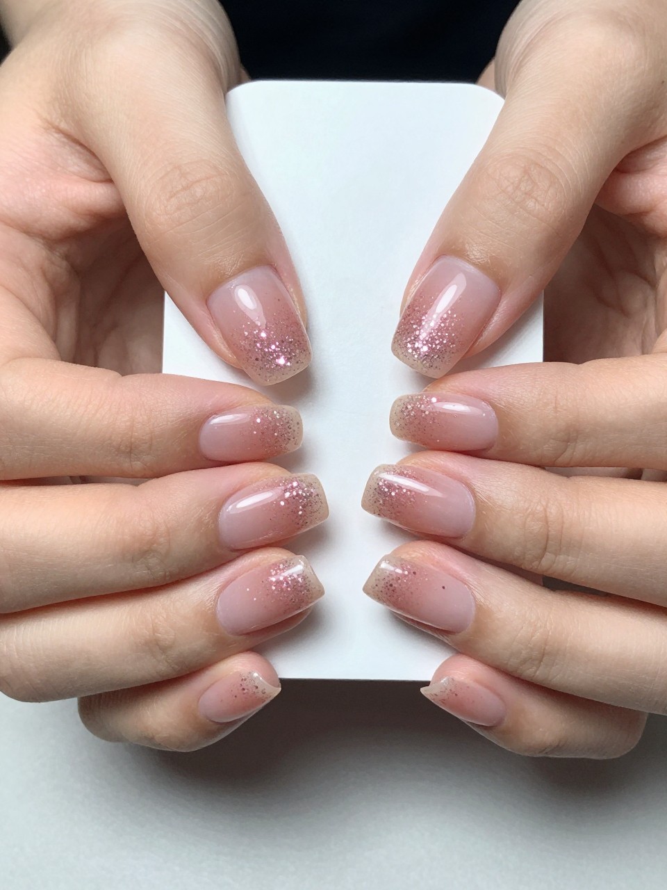  Top-down view of hands holding a ticket stub. The oval nails have a sheer blush base. The tips sparkle with a concentrated fade of fine pink glitter. The light catches the sparkle subtly.