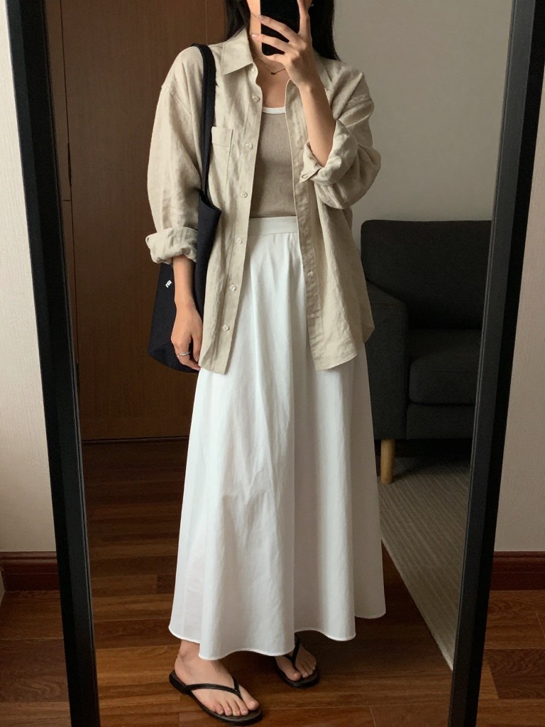 iPhone mirror selfie of a woman in an oversized linen shirt over a white maxi skirt with flat sandals, carrying a tote, cropped at NECK so face doesn't show, in a city apartment, warm moody lighting, iPhone photo quality.