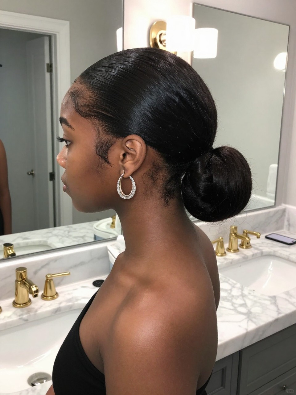 Photo of a black american teen girl wearing a sleek low pony with wrapped ends, side profile view showing the sculptural loop at the back, setting: a bathroom with marble countertops and gold fixtures, lighting: bright, cool bathroom lighting, containing a pair of statement earrings lying on the counter, iPhone photo quality.