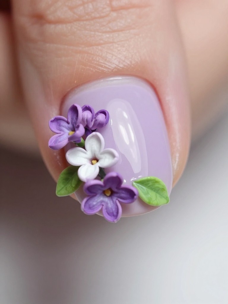 Macro, close-up side view of nails showcasing their dimension. The base is a sheer lavender gel. Protruding from the surface are delicate, 3D purple and white lilac clusters with small green leaves. The light casts soft shadows, highlighting the intricate texture.