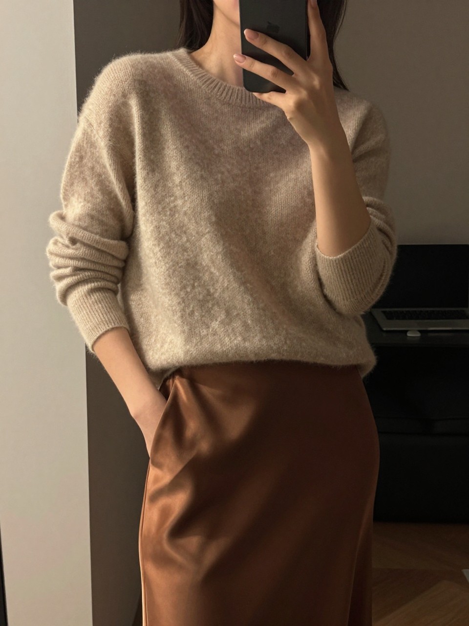 iPhone mirror selfie of a woman in a cashmere sweater tucked into a silk skirt, one hand in her pocket, looking slightly away from the phone, cropped at NECK so face doesn't show, in a city apartment, warm moody lighting, iPhone photo quality.