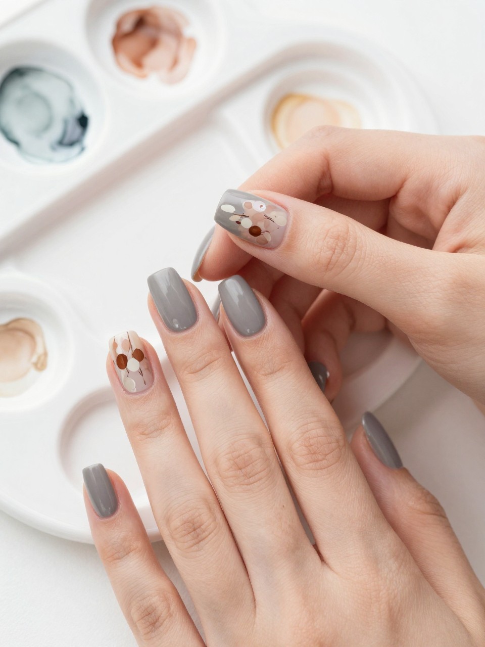 Hands resting on a watercolor artist's palette. The nails are a matte greige. Soft, blurred washes of brown and cream form abstract floral clusters on each nail. The effect is painterly and gentle.