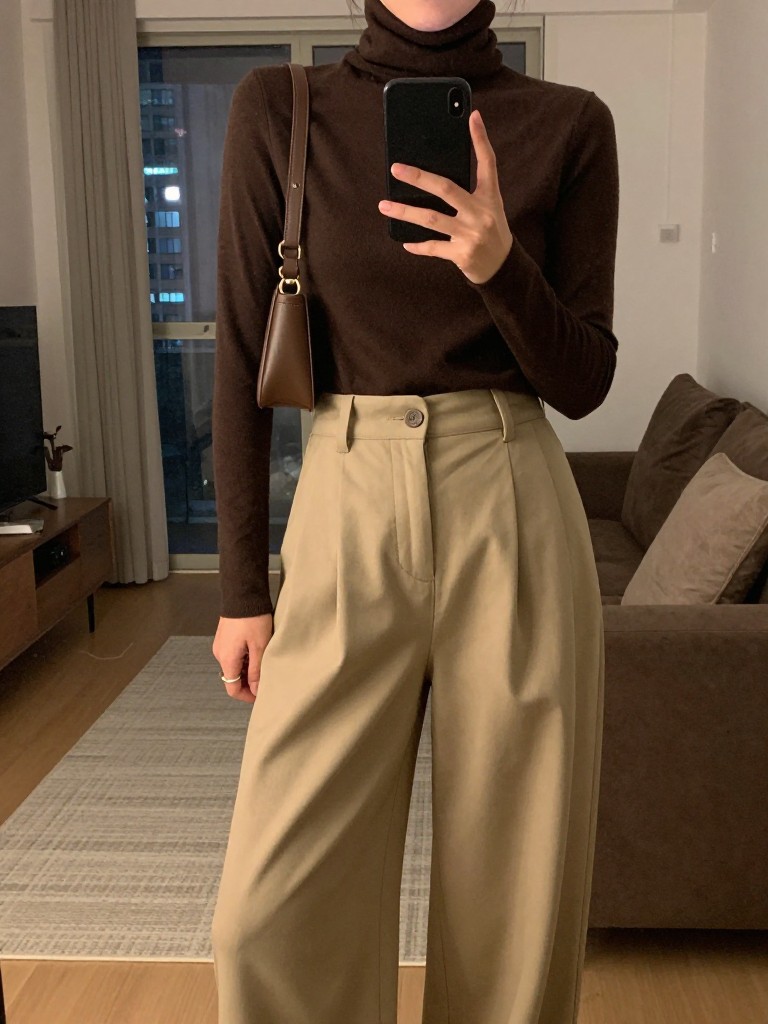 Picture of a woman in a chocolate brown turtleneck tucked into beige wide leg pants with gold hoops, holding a cognac shoulder bag, standing straight with phone down, in a city apartment, warm moody lighting, iPhone photo quality.