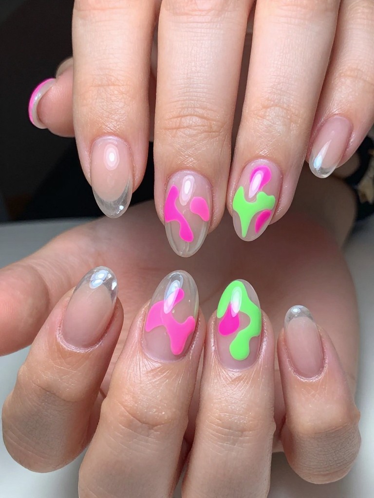 Low-angle shot of hands with nails looking like clear, glossy glass. Vibrant neon pink and green abstract floral shapes are visible underneath the clear gel, sitting on the natural nail. The effect is fresh, edgy, and incredibly glossy.