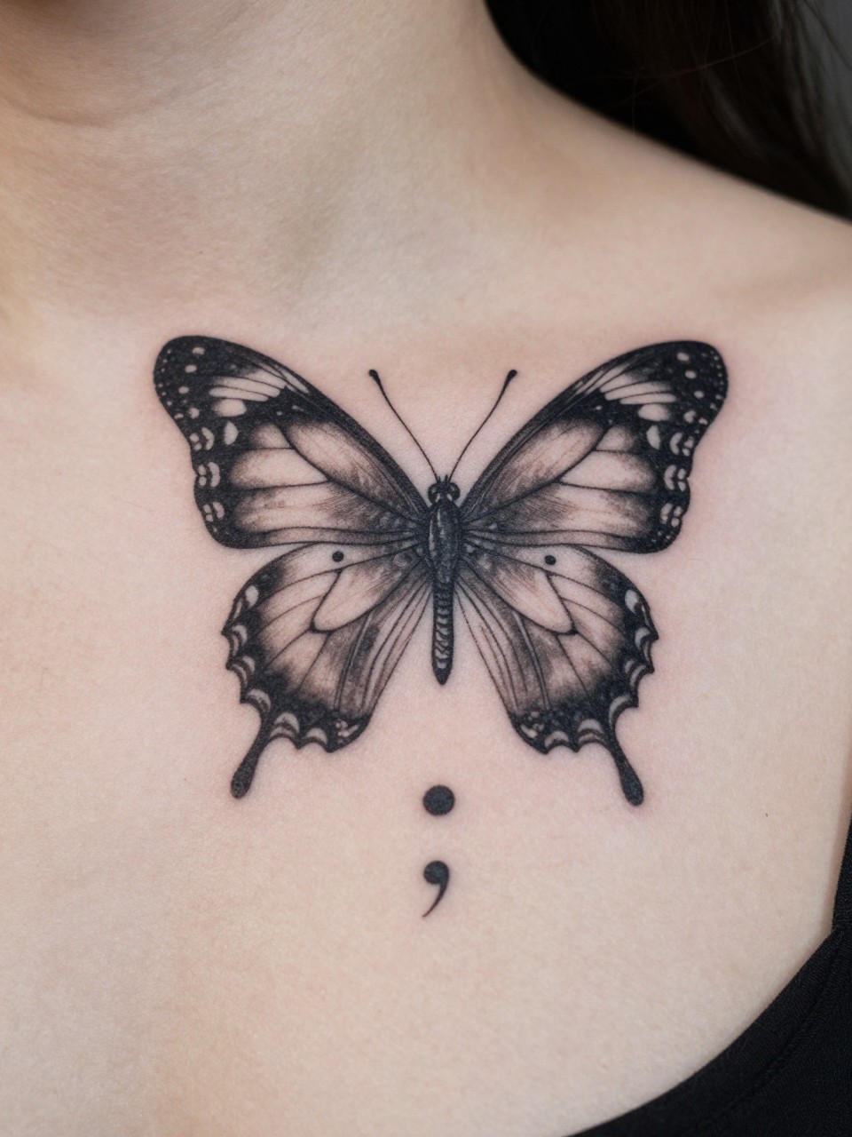 "Close-up detail of a butterfly wing and semicolon tattoo on the collarbone: one central vein is a seamlessly integrated semicolon. Fine linework, requires a second look."