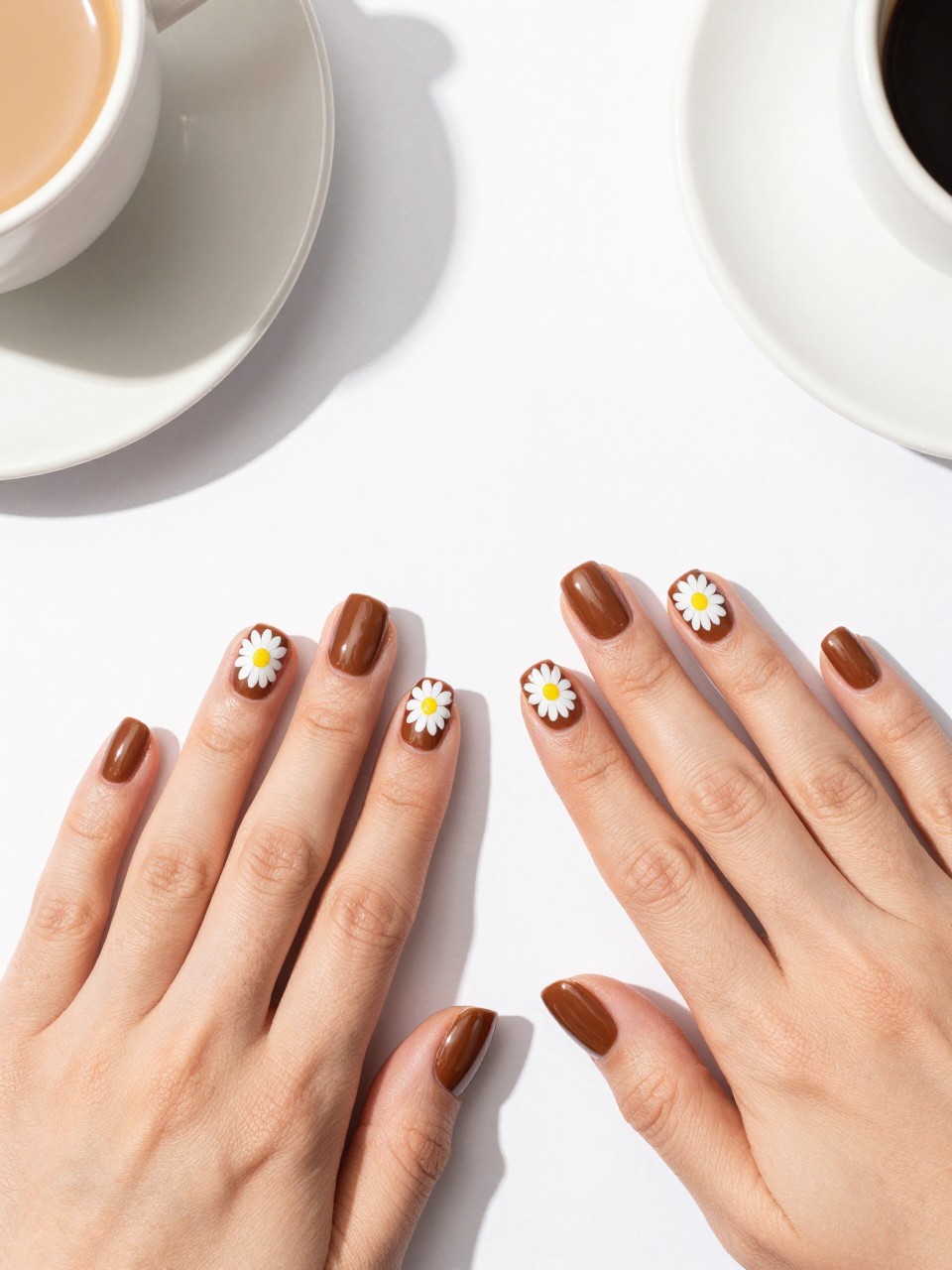 Top-down view of two hands showcasing nals set in a white background. The nails are a glossy coffee brown. Bright white daisies with yellow dots are painted in a loose pattern. The setting is a sunny breakfast nook.