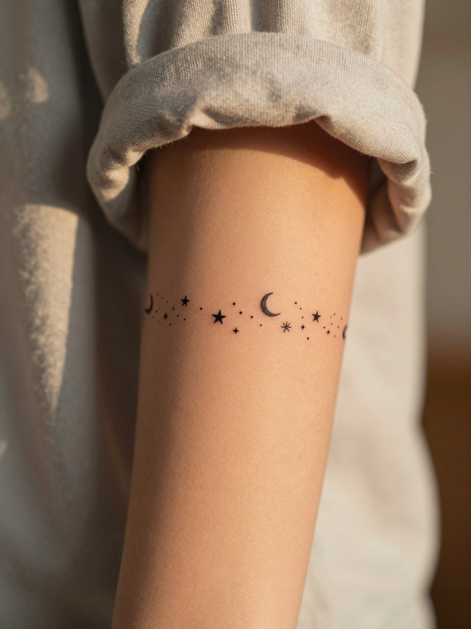 Image Prompt: "Macro detail of a celestial cuff tattoo on the upper arm. Tiny black stars and crescent moons form a scattered band. The person wears a soft cotton sleeve rolled up. Warm, cozy indoor light with a hint of sunset glow."